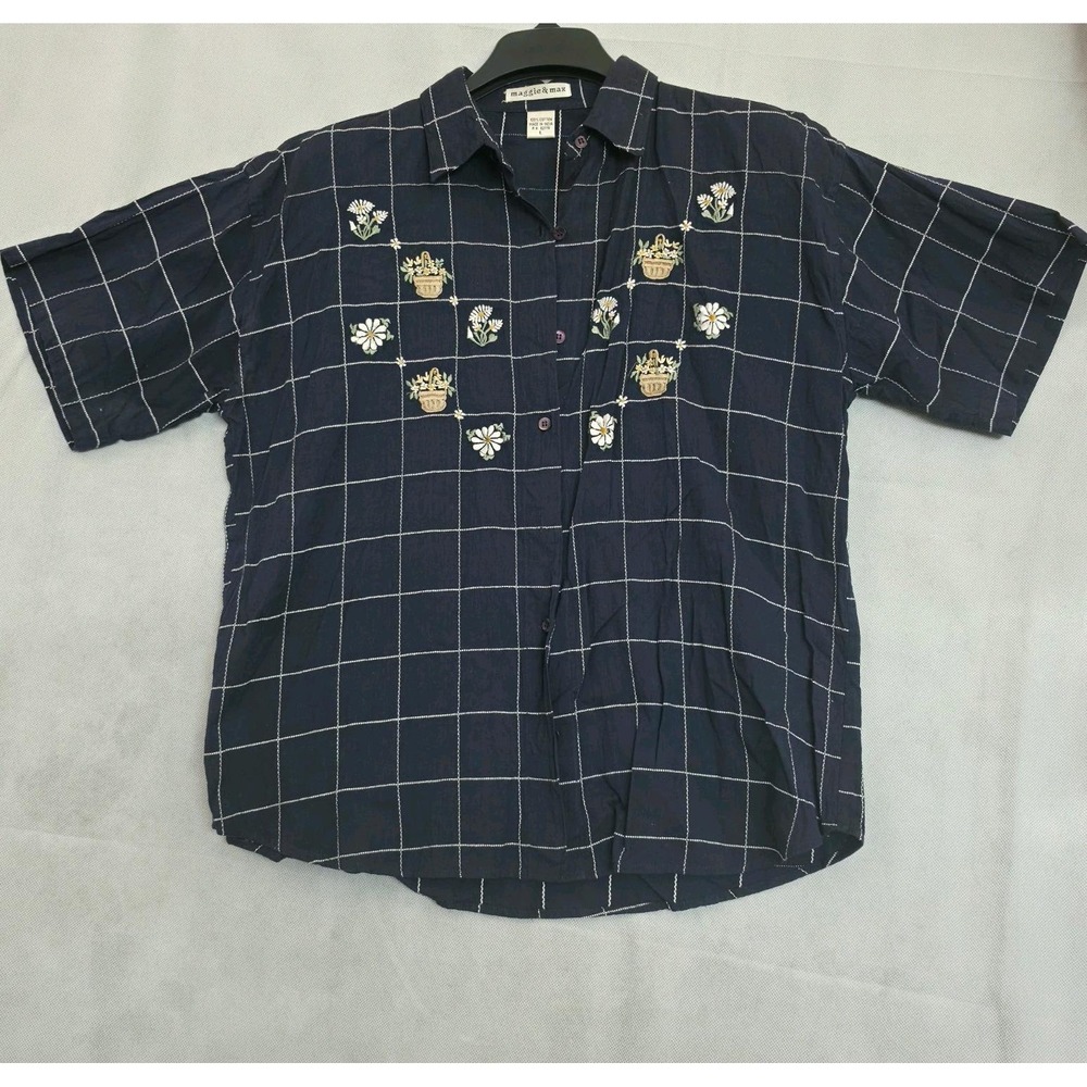 Vintage Maggie & Max L Navy Floral Embroidered Cotton Shirt Cottagecore 90s